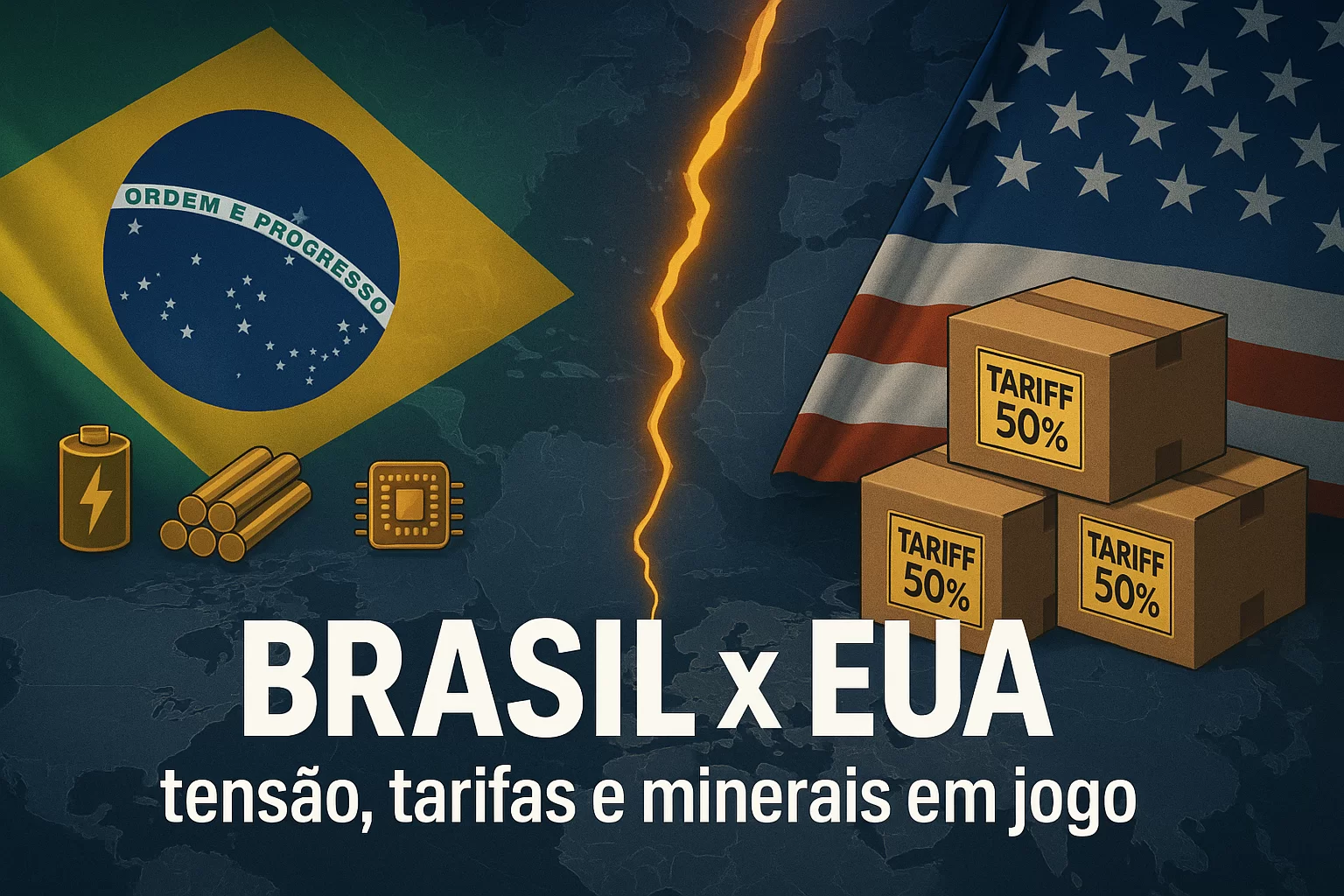Ilustração sobre tarifaço EUA Brasil e impacto nos investimentos